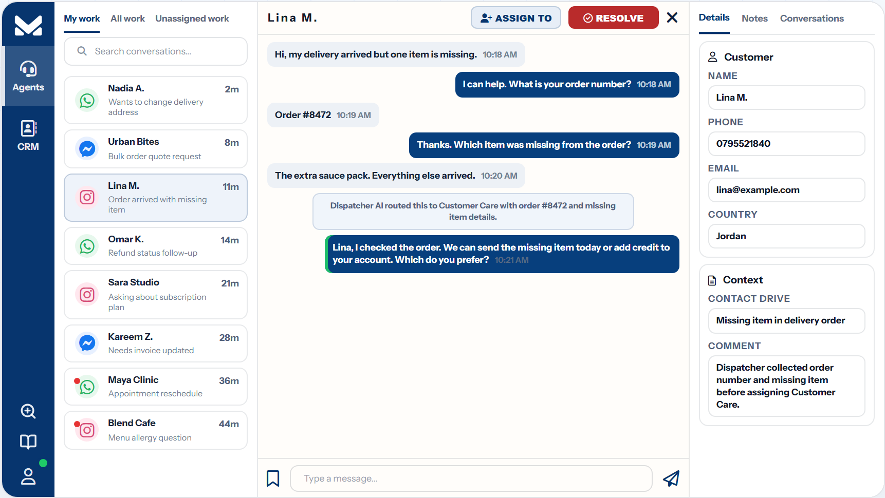 Mitsolab portal showing work queue, dispatcher handoff, chat, and customer details